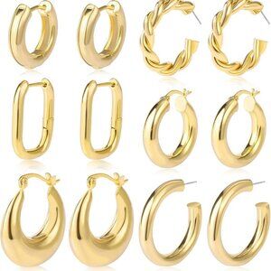 6 Pairs Chunky Gold Hoop Earrings Set for Women 14K Gold Plated Hypoallergenic T